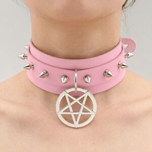 Pink Vegan Leather Silver Pentagram Studded Adjustable Choker Necklace Collar